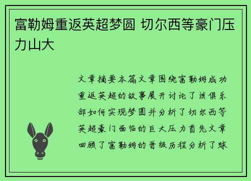 富勒姆重返英超梦圆 切尔西等豪门压力山大 富勒姆重返英超梦圆 切尔西等豪门压力山大
